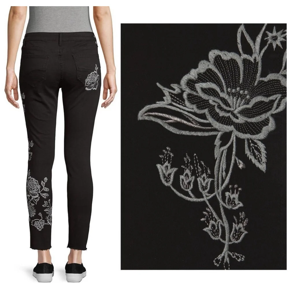Driftwood Jackie Jeans NWOT Mid Rise Black Floral Embroidered 31x28 Boho Raw Hem